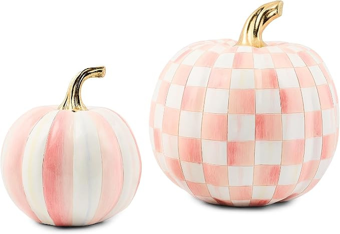 MACKENZIE-CHILDS Set of 2 Pumpkins, Resin Halloween and Fall Decor, Small and Medium, Pink-and-Wh... | Amazon (US)
