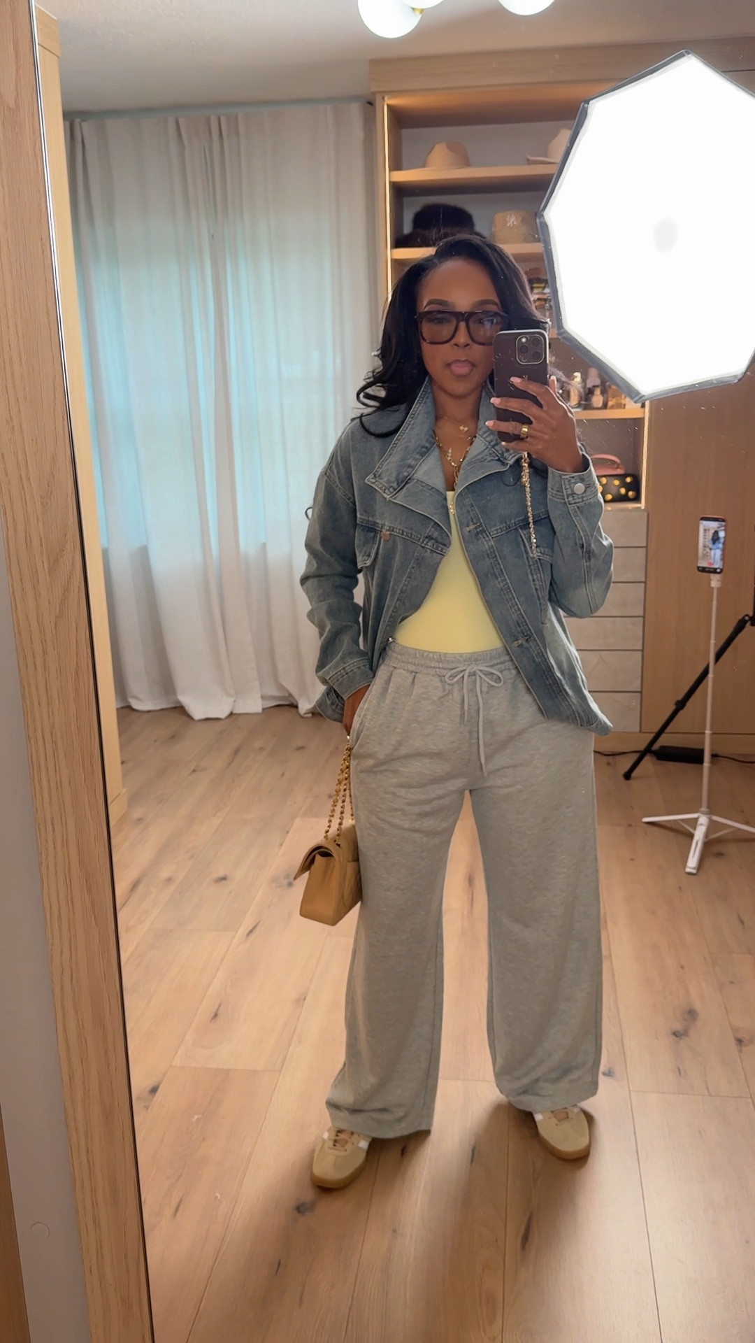 This is the kind of off-duty outfit that looks effortless but still feels styled. The denim jacket instantly elevates the relaxed pieces underneath, making this an easy grab-and-go look that still reads polished.

This is a smart long-term shopping strategy — every piece works overtime. The joggers pair with knits and bodysuits, the denim jacket layers over everything, and the neutral sneakers keep the cost per wear low with endless rewear potential.

Perfect for travel days, errands, casual meetings, school drop-offs, or weekend coffee runs.

📏 Sizing:
Denim jacket: Size Small  
Top: Size Small  
Joggers: Size Small  

📐 Measurements:
Height 5'4" | Weight 138 lbs | Bust 34D | Waist 27" | Hips 40"

Tap to get details and save this one — it’s an everyday outfit formula you’ll reach for on repeat.

casual layered outfit, elevated athleisure look, denim jacket styling, neutral everyday outfit, travel day style, relaxed chic fashion, versatile wardrobe staples

Follow me on Instagram and YouTube @kirasfashionfinds