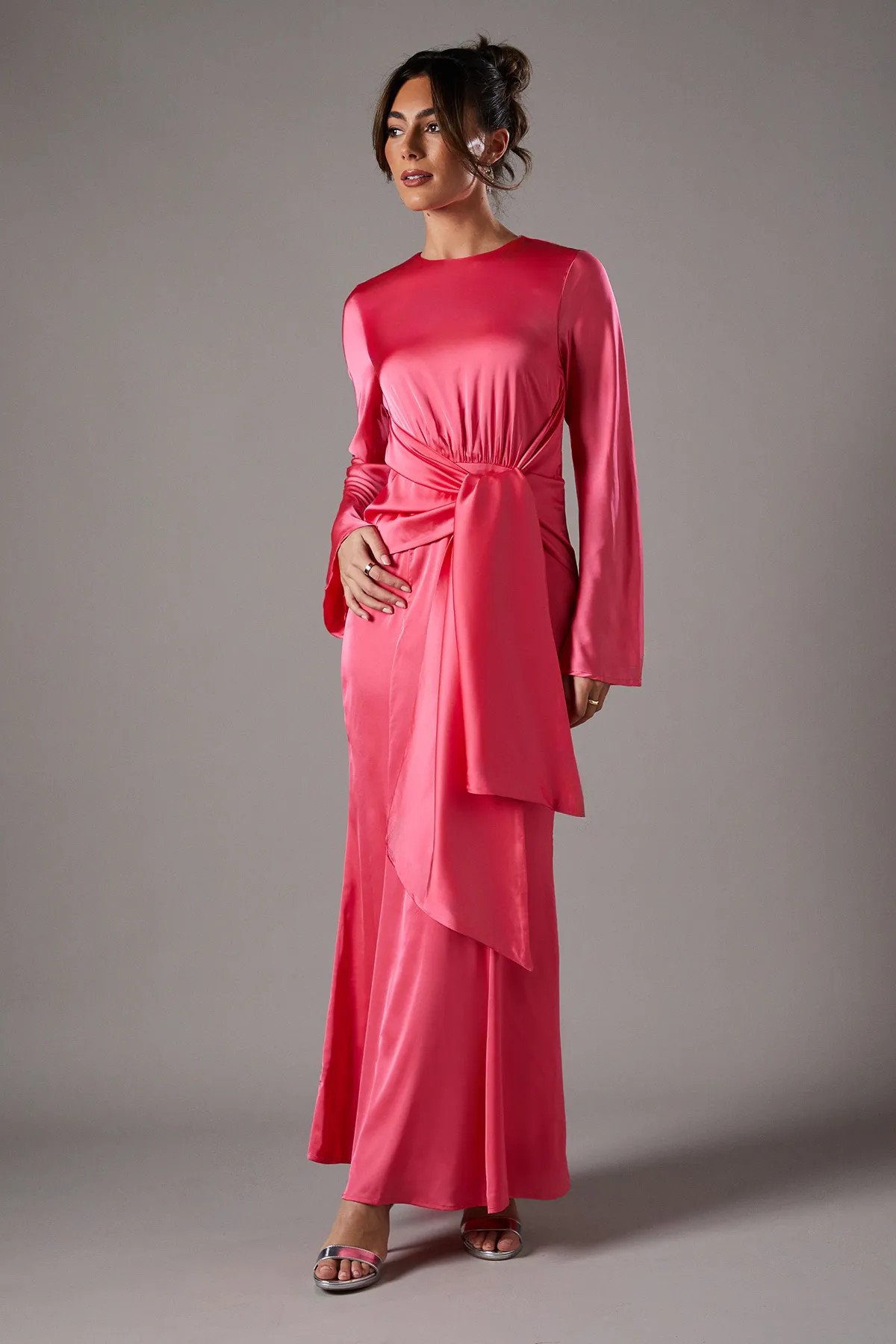 Satin Tie Waist Gown | boohoo (US & Canada)