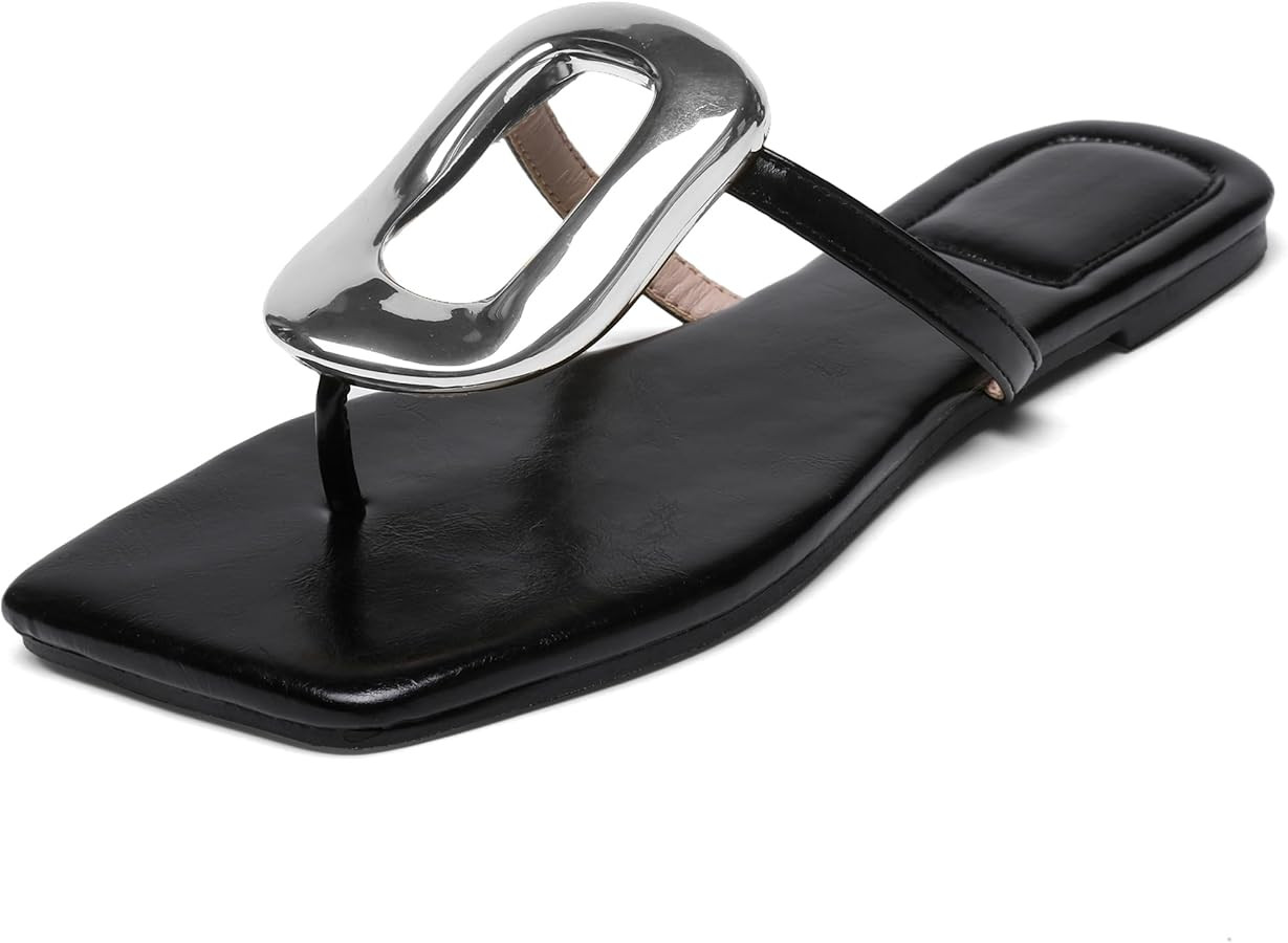 Flip-Flops Sandals for Women Comfortable Open Square Toe Slip on Beach Thong Sandals Casual Fashi... | Amazon (US)
