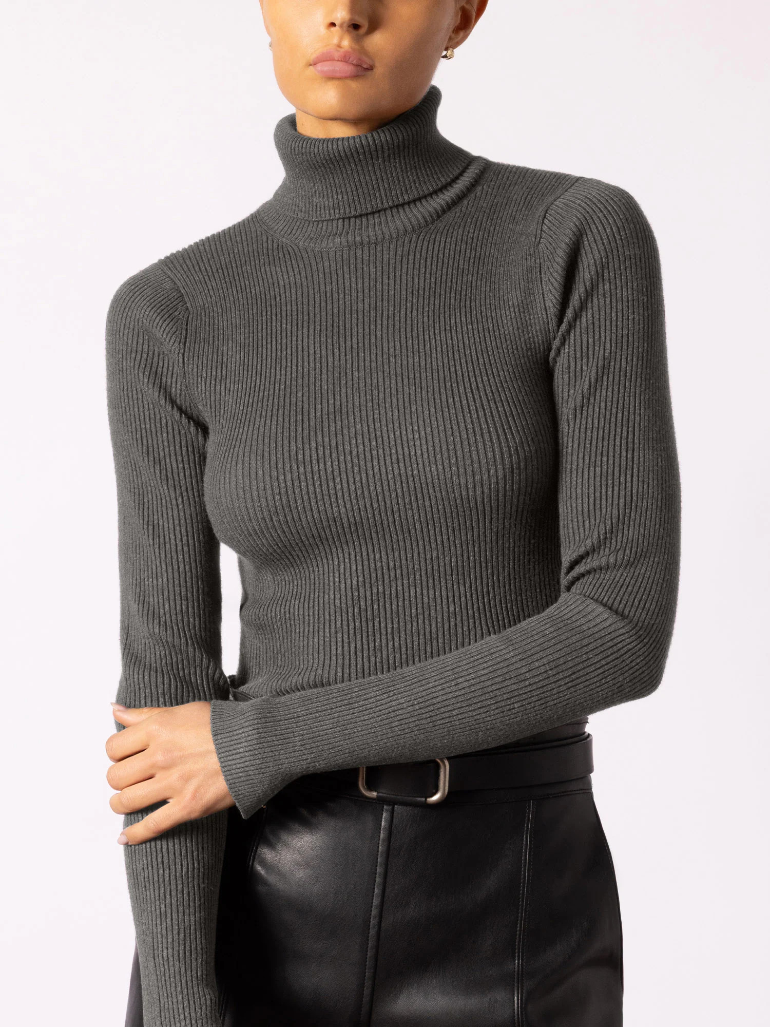 Women's Noel Ribbed Turtleneck in Dk Charcoal Mélange | Brochu Walker | Brochu Walker