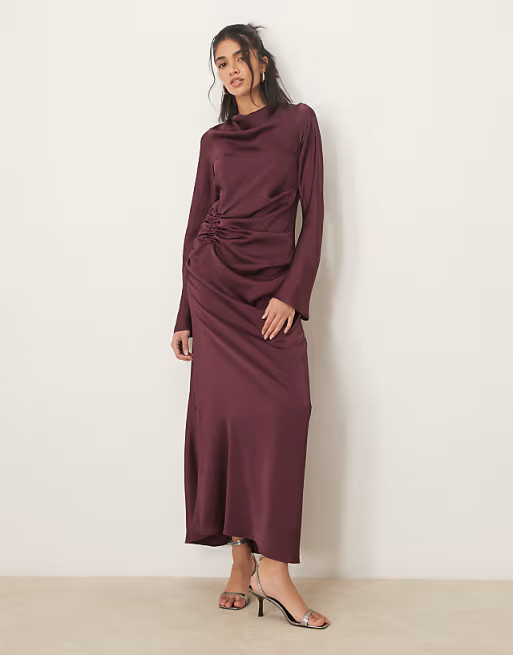 ASOS DESIGN long sleeve satin maxi dress with ruched tab detail in plum | ASOS (Global)