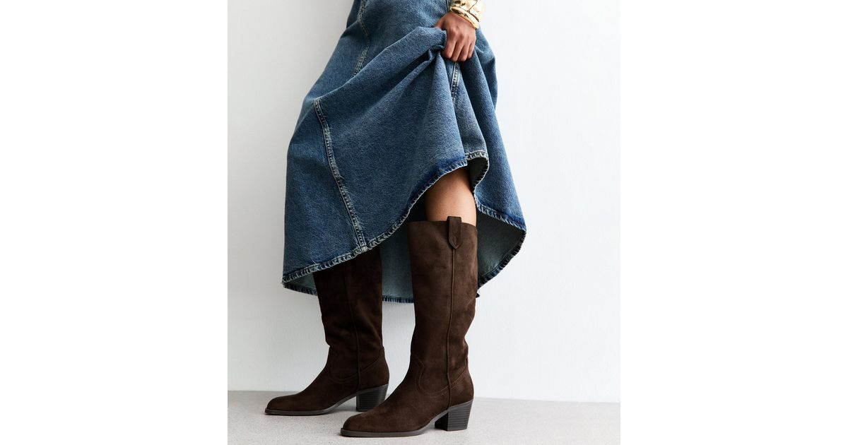 Brown Faux Suede Western Knee High Boots | New Look | New Look (UK)