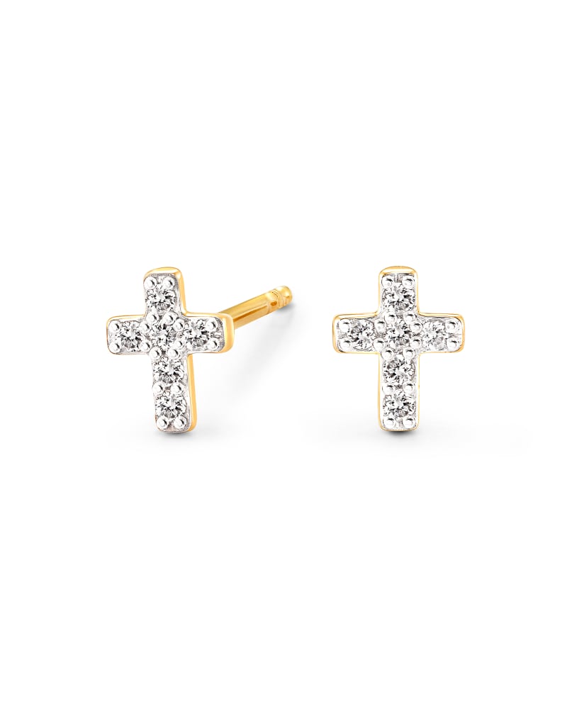 Cross 14k Yellow Gold Stud Earrings in White Diamond | Kendra Scott