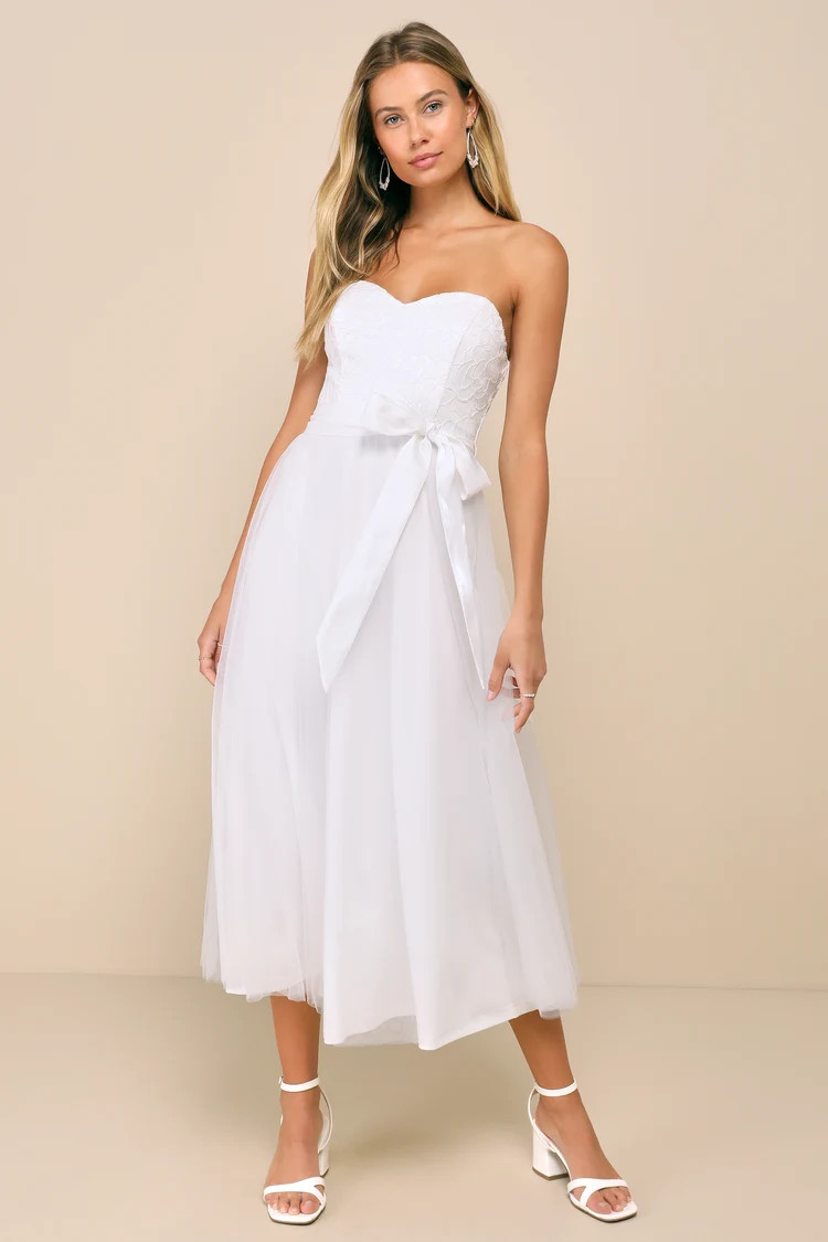 Beyond Immaculate White Sequin Embroidered Strapless Midi Dress | Lulus