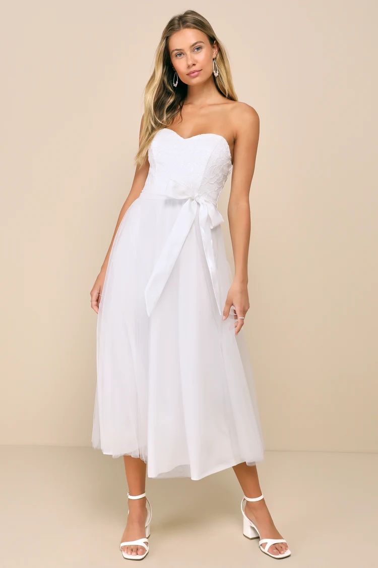 White Sequin Embroidered Strapless Midi Dress | White Dress Graduation | White Dress Bridal | Lulus