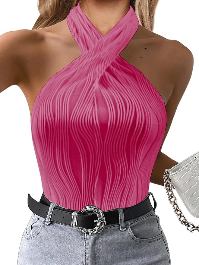 SOFIA'S CHOICE Women's Sexy Halter Tops Summer Criss Cross Textured Sleeveless Tank Top | Amazon (US)