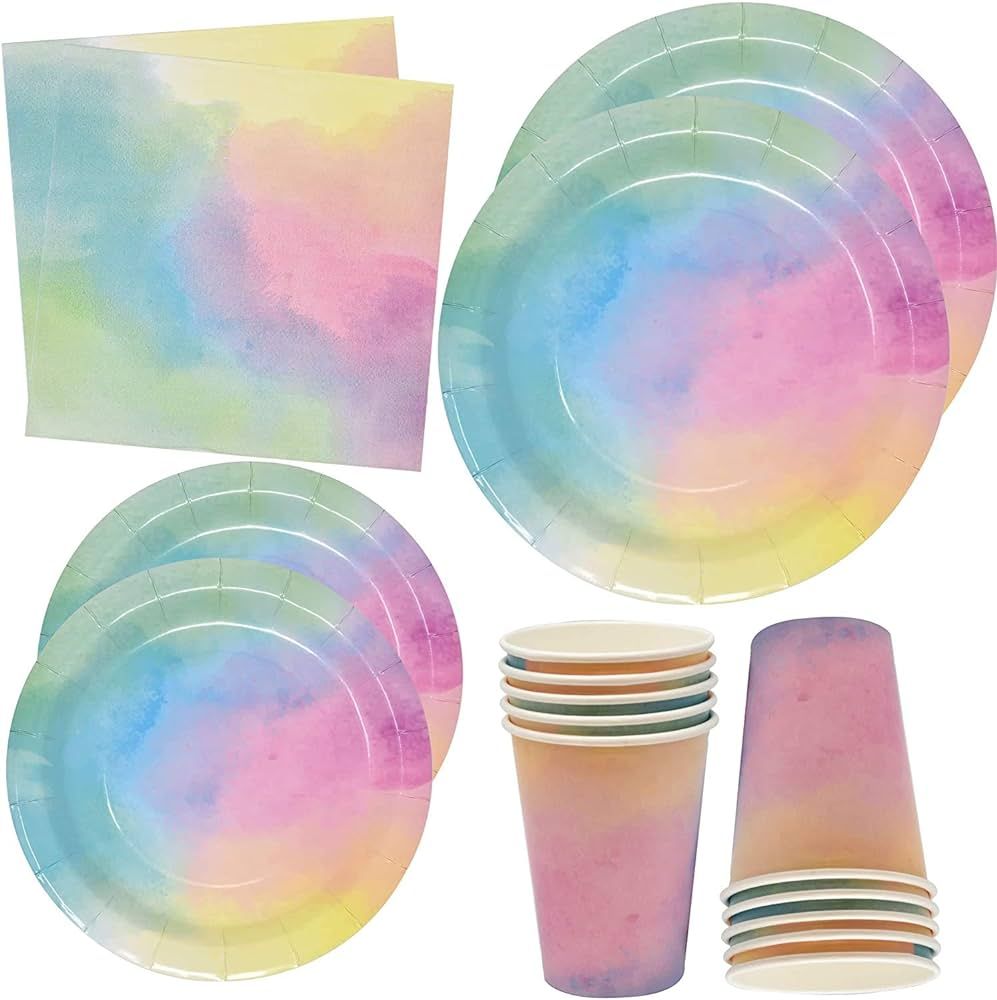 Rainbow Pastel Water Color Party Supplies Tableware Set 24 9" Plates 24 7" Plate 24 9 Oz. Cups 50... | Amazon (CA)