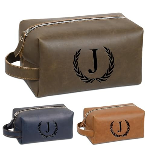 XUMGCUTM Personalized Gifts for Men Dad Husband Groomsmen,Mens Leather Toiletry Travel Bag,Engraved Initial Waterproof Shaving Bags,Birthday Christmas Gift for Men(J, Dark Brown) | Amazon (US)