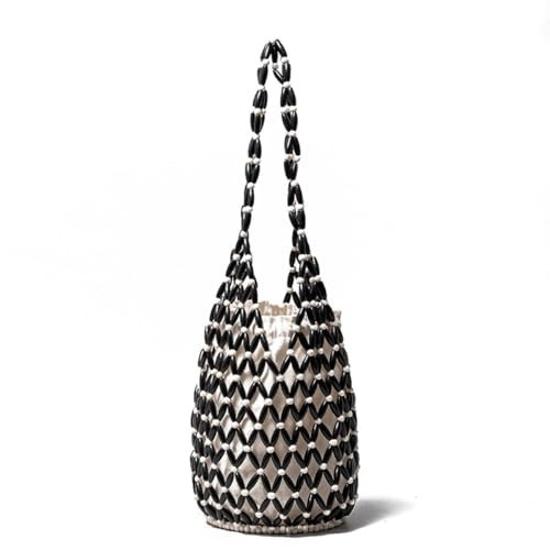 RomanticDesign Women Retro Wooden Handbag Woven Bead Tote Bag Hollow Out Beach Casual Bucket Purse, Black | Amazon (US)