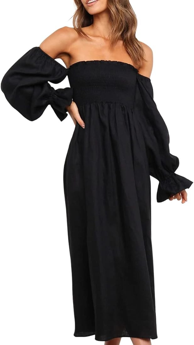 R.Vivimos Summer Dress for Women Long Sleeve Casual Plaid Print Smocked Off Shoulder A-Line Midi Dre | Amazon (US)