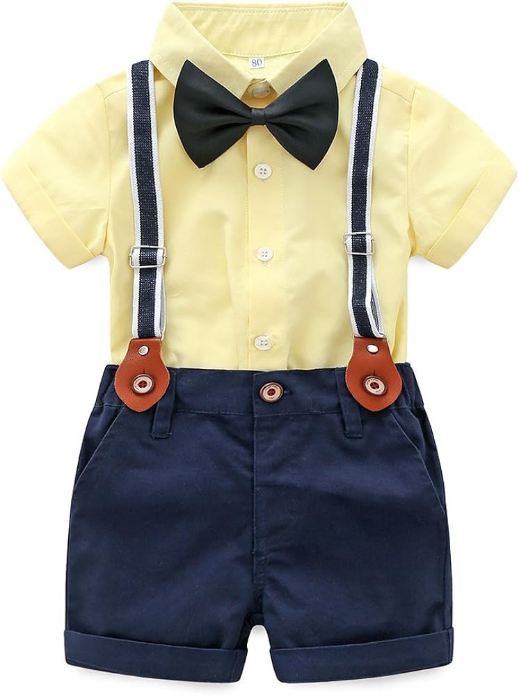 Baby Boy Summer Cotton Gentleman Long Sleeve Bowtie Romper Suspenders Shorts Outfit Set | Amazon (US)