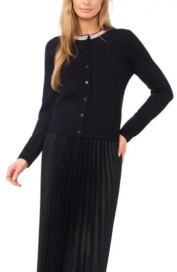 Halogen® Rhinestone Collar Cardigan in Rich Black at Nordstrom Rack, Size Large | Nordstrom Rack