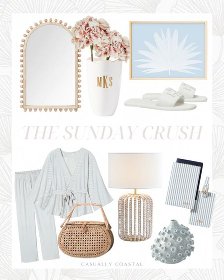 The Sunday Crush
-
Coastal style, beach style, coastal decor, beach home, beach house decor, coastal interiors, coastal home, faux hydrangea, Tory Burch sandals, neutral sandals, wood arch wall mirror, coastal pajamas, sea coral vase, woven picnic Bali bag, bead table lamp, fan palm print 

#LTKhome #LTKMostLoved #LTKstyletip