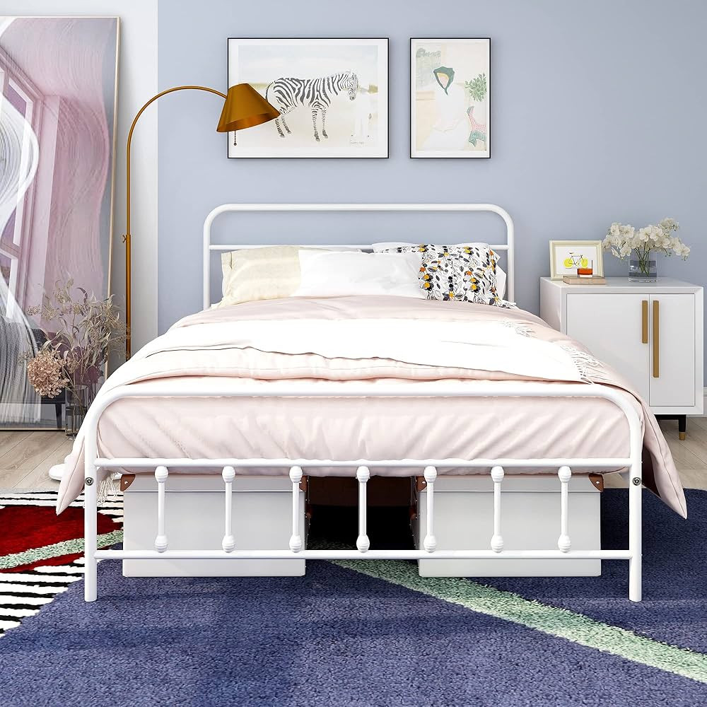 White Queen Bed Frame with Headboard and Footboard, Platform Bed Under Storage No Box Spring, No-... | Amazon (US)
