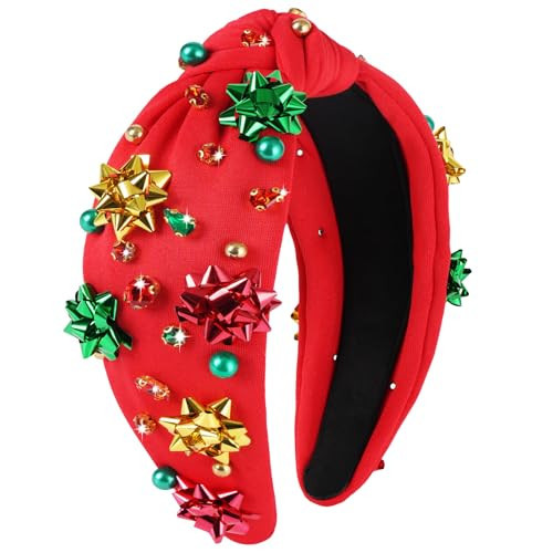 Christmas Headbands for Women, Red Knotted Jeweled Xmas Headband with Rhinestones Pearls, Holiday Headbands for Women to Match Ugly Christmas Sweater Woman, Hair Accessories for Holiday Outfits | Amazon (US)