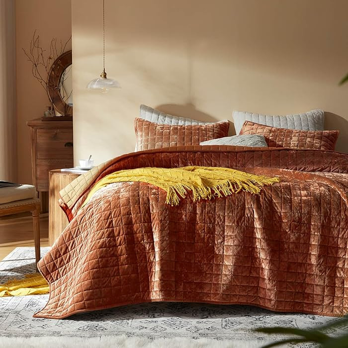 LEAONME Velvet Quilt Full/Queen Size-90''x98'', Lightweight Burnt Orange Velvet Comforter Set wit... | Amazon (US)