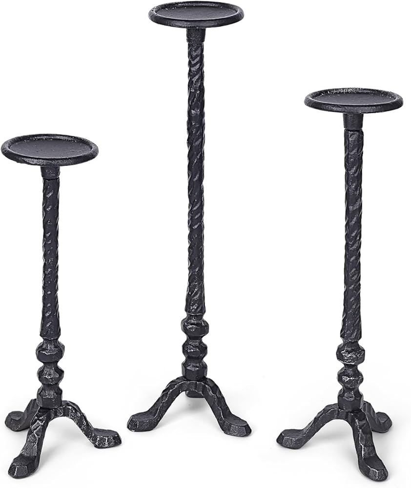 Black Cast Iron Pillar Candle Holders Set of 3 for Dining Table Wedding Festive Fireplace Mantle ... | Amazon (US)