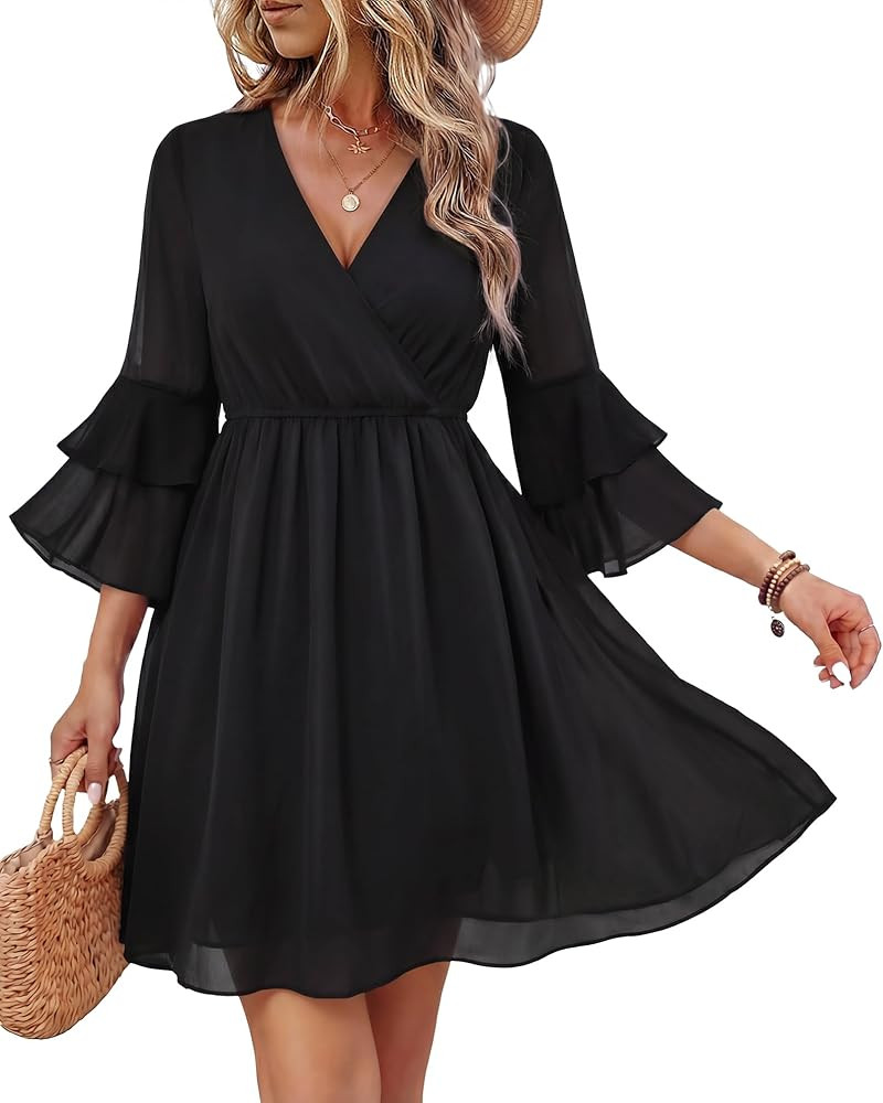 Bebonnie Womens 3/4 Ruffle Sleeve Spring Summer Casual V Neck Flowy Chiffon Layers Dresses | Amazon (US)