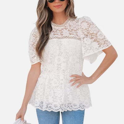 Amaryllis Women's Lace Peplum Top Elegant Floral Short Sleeve Blouse Sheer Detail Chic Versatile- Small ,White | Target