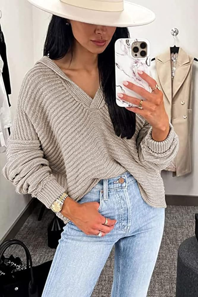 LILLUSORY Women's V Neck Oversized Sweaters Long Batwing Sleeve Collared Asymmetrical Hem Knit Pu... | Amazon (US)