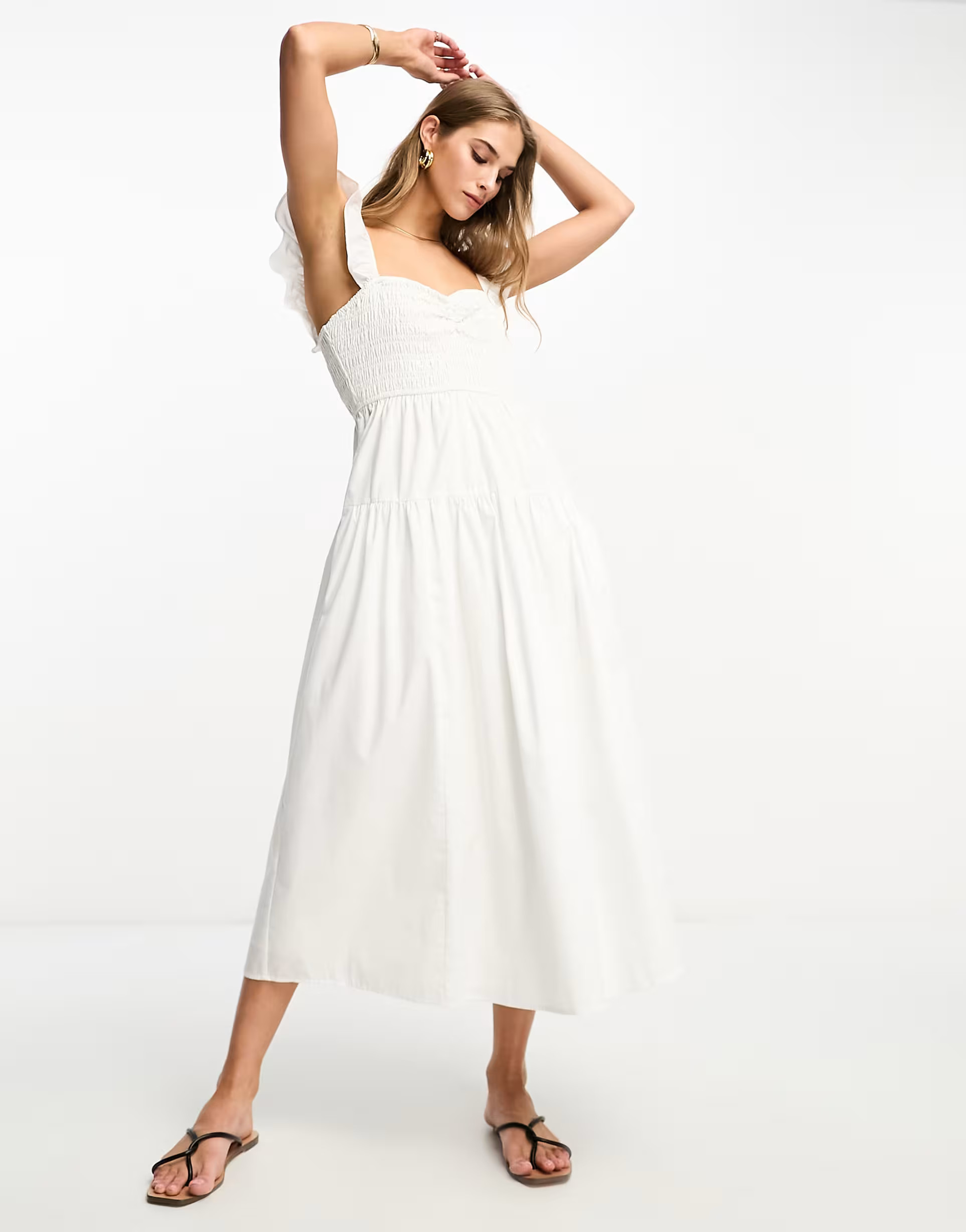 Abercrombie & Fitch smocked ruffle midi dress in white | ASOS (Global)