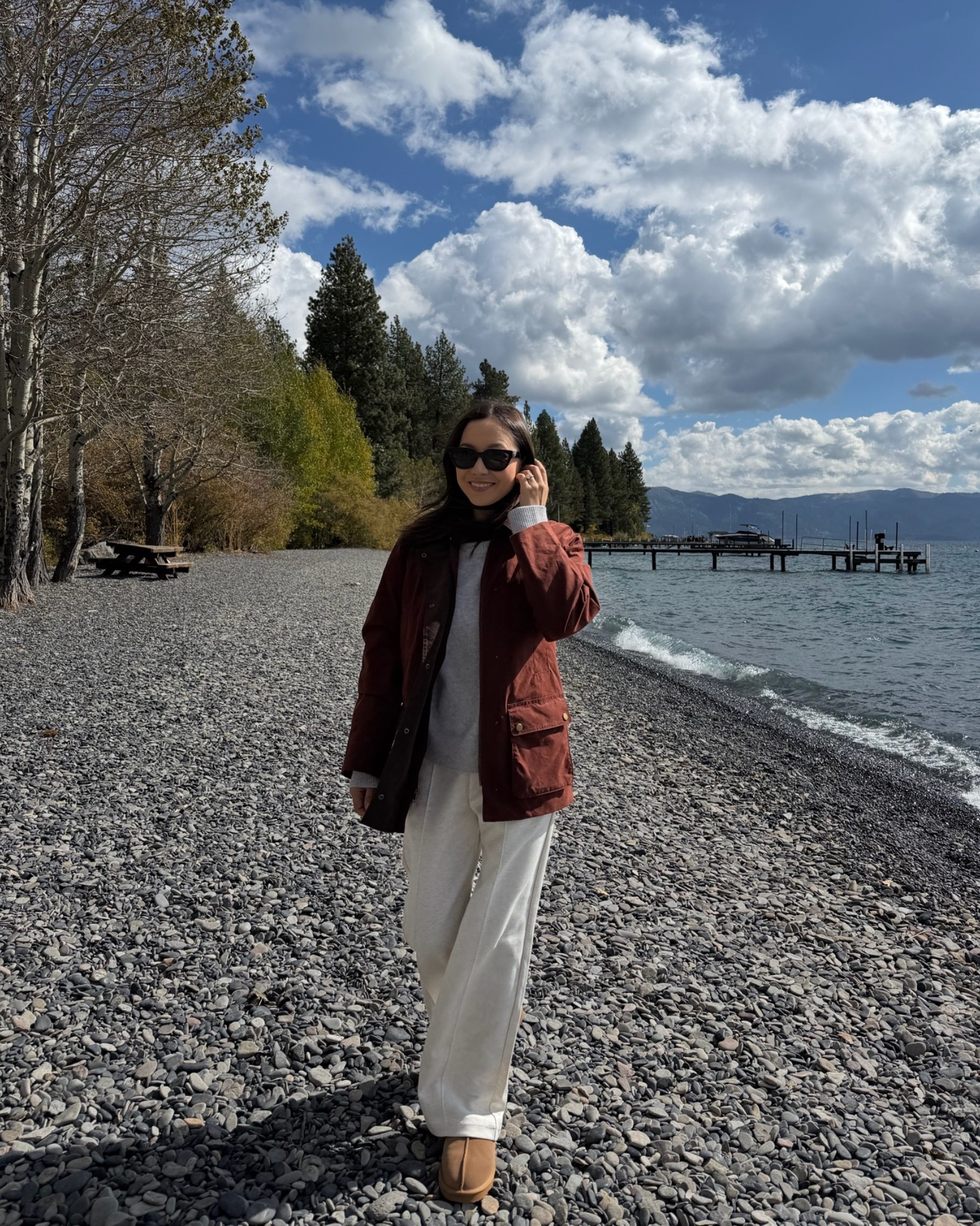 Lake Tahoe outfit — early October 

BR barn jacket — xs, last day it’s on sale for 30% off 
Aritzia cashmere sweater — xs 
Uniqlo wide leg pants — xs 
Quince slippers 

Fall outfit / fall style / cozy outfit