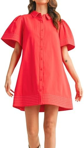 Womens Short Sleeve Button Down Mini Shirt Dress Lapel Collar Short Dresses with Pocket | Amazon (US)