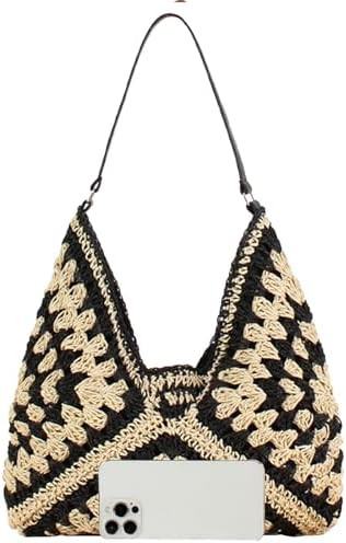 Straw Hobo Bag for Women 2026 Boho Woven Beach Purse Large Summer Straw Tote with Lining Black Ra... | Amazon (US)