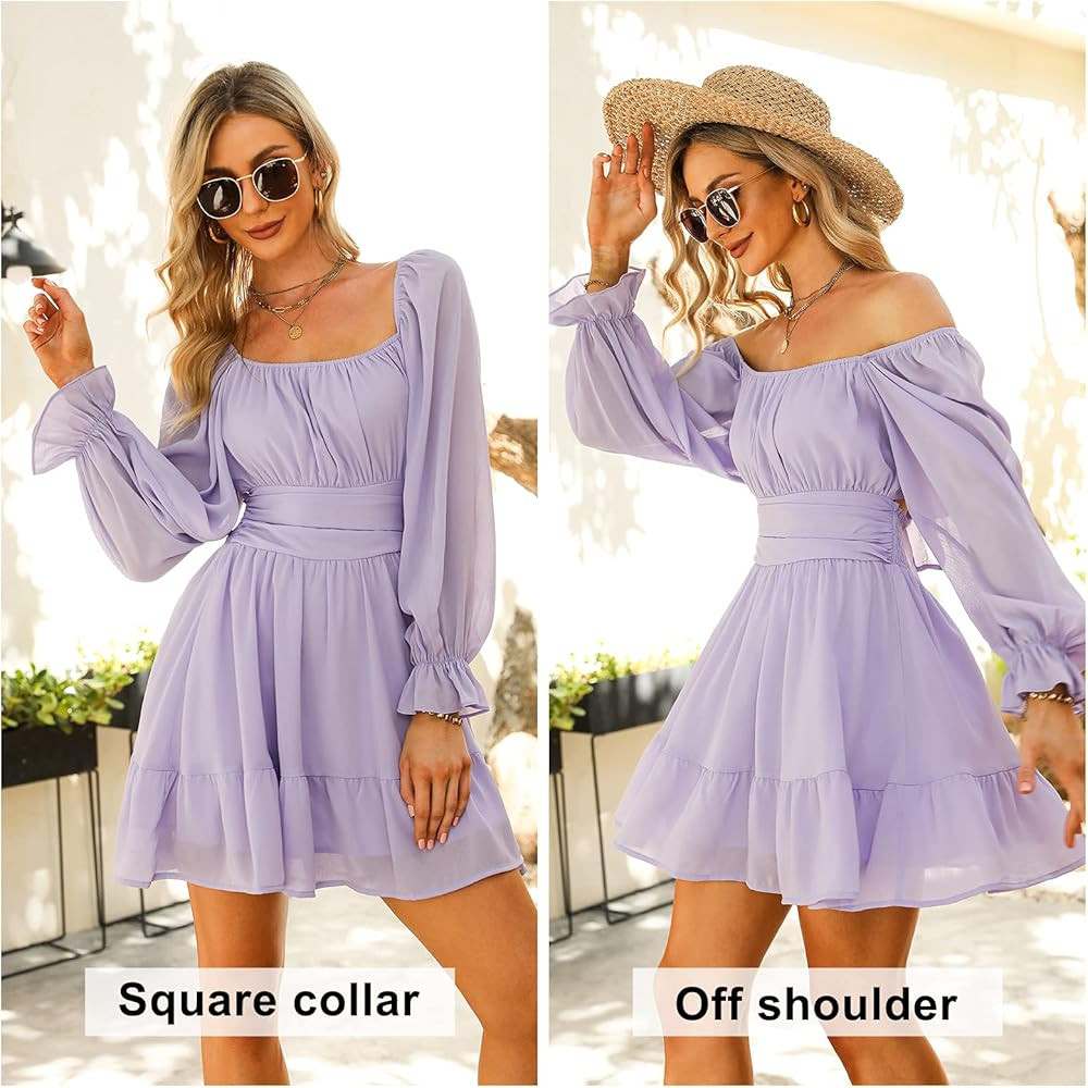 EXLURA Women Tie Back Long Lantern Sleeve Square Neck Ruffle Dress Elastic Waist Aline Casual Mini D | Amazon (US)