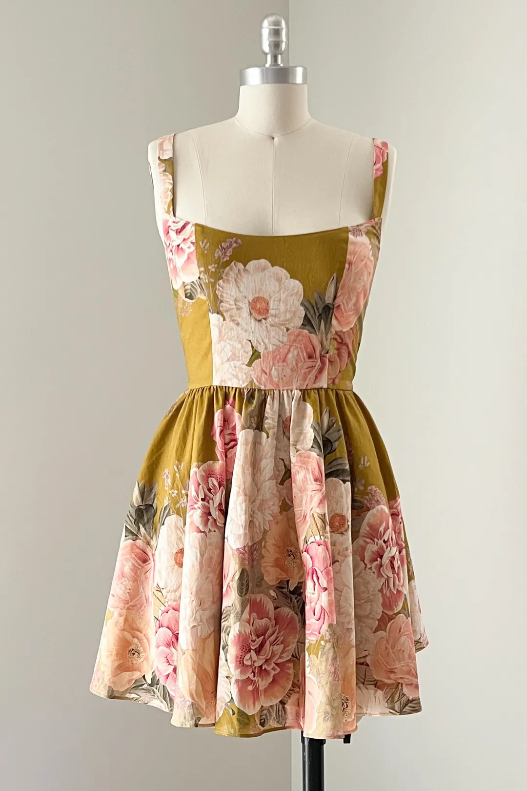 Floral Cotton Linen Mini Dress: Fit and Flare Corset Bodice, Pockets | Etsy (US)