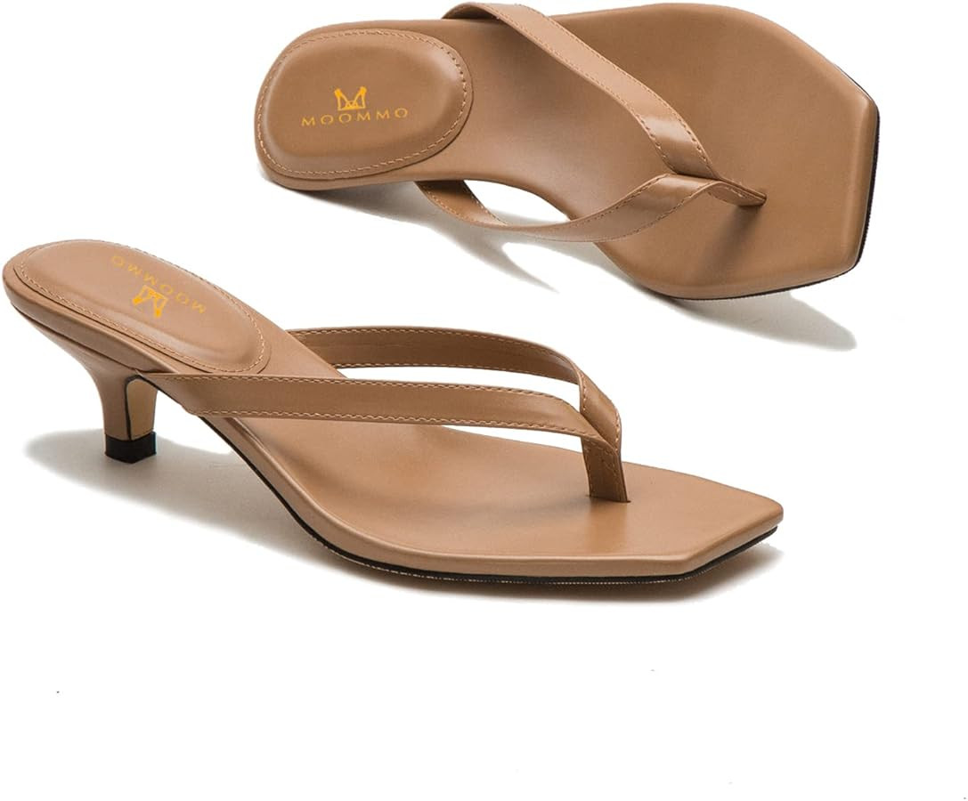 MOOMMO Thong Sandals Flip Flop Mules Kitten Heels Open Square Toe for Women Slim Matte Leather Co... | Amazon (US)