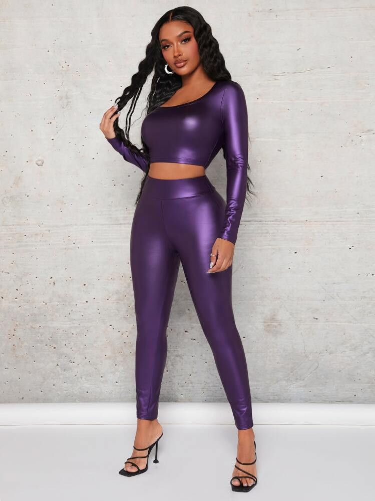 Scoop Neck PU Crop Top and Leggings | SHEIN