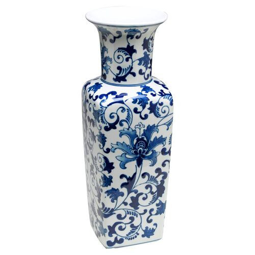 17" Floral Square Vase, Blue/White | One Kings Lane