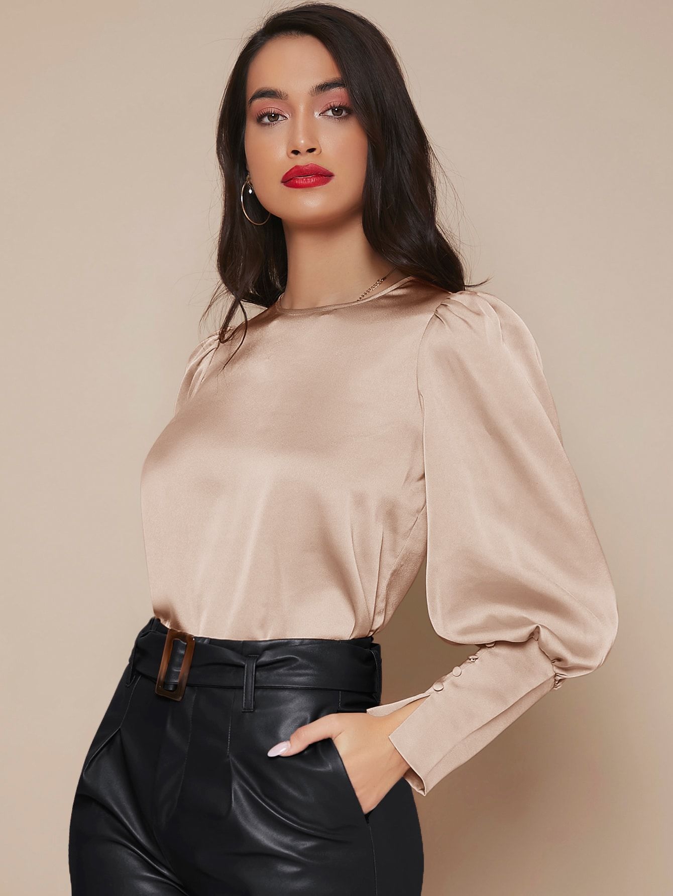 SHEIN Buttoned Cuff Lantern Sleeve Satin Top | SHEIN