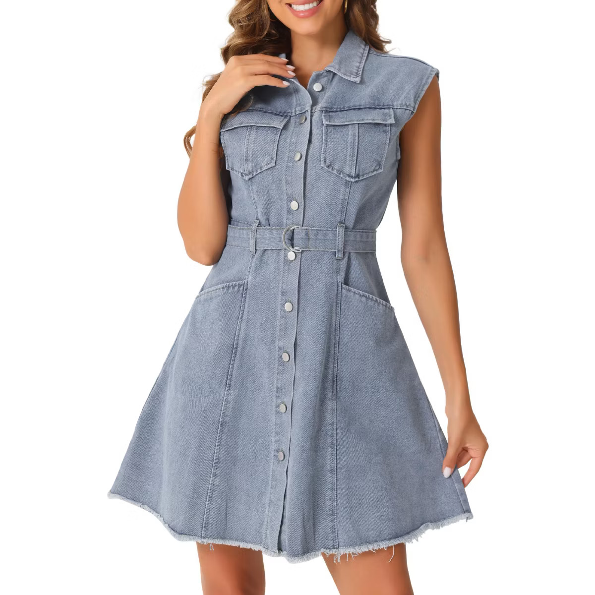 Allegra K Women's Denim Button Down Lapel Belted A-line Tank Dress | Target