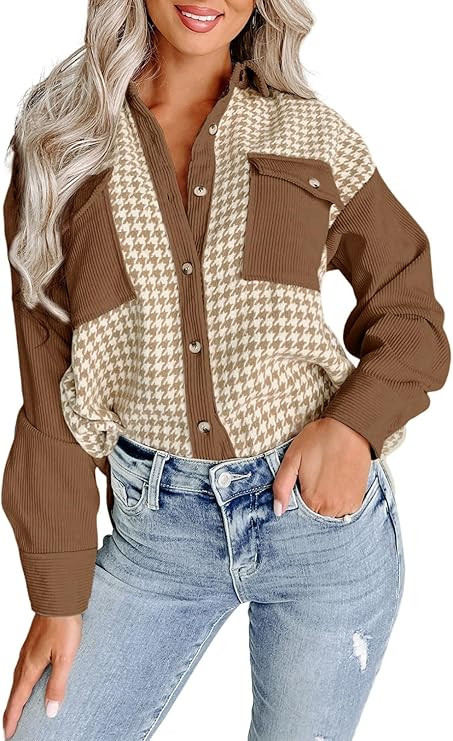 Dokotoo Womens Corduroy Color Block Button Down Shirts Casual V Neck Plaid Long Sleeve Oversized ... | Amazon (US)