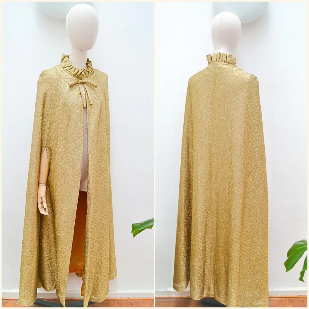 1960s Lurex Full Length Cape, 60s Gold Long Evening Jacket, Sparkly Ruffle Neck Party Wear- XS - ... | Etsy (US)