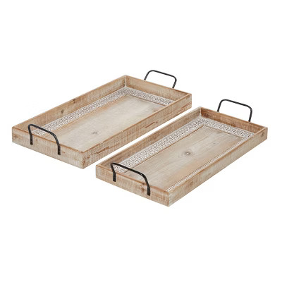 Set of 2 Rectangular Wood Tray with Inlay and Metal Handles Black - Olivia & May | Target