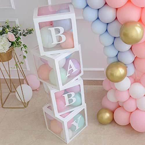 Baby Shower Boxes Party Decorations – 4 pcs Transparent Balloons Boxes Décor with Letters, Ind... | Amazon (US)