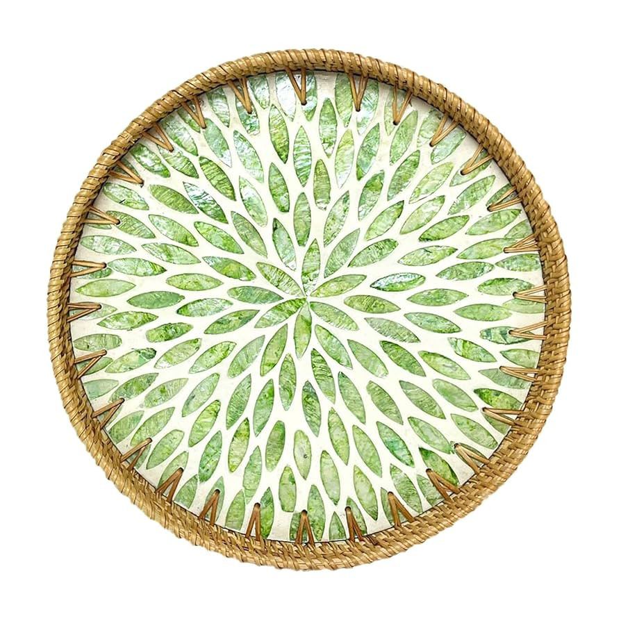 Round Rattan Tray with Mother of Pearl Inlay, Decorative Rattan Serving Tray for Home Boho Decor,... | Amazon (US)