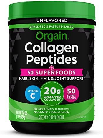 Orgain Hydrolyzed Collagen Peptides Powder + Superfoods, 20g Grass Fed Collagen - Hair, Skin, Nai... | Amazon (US)