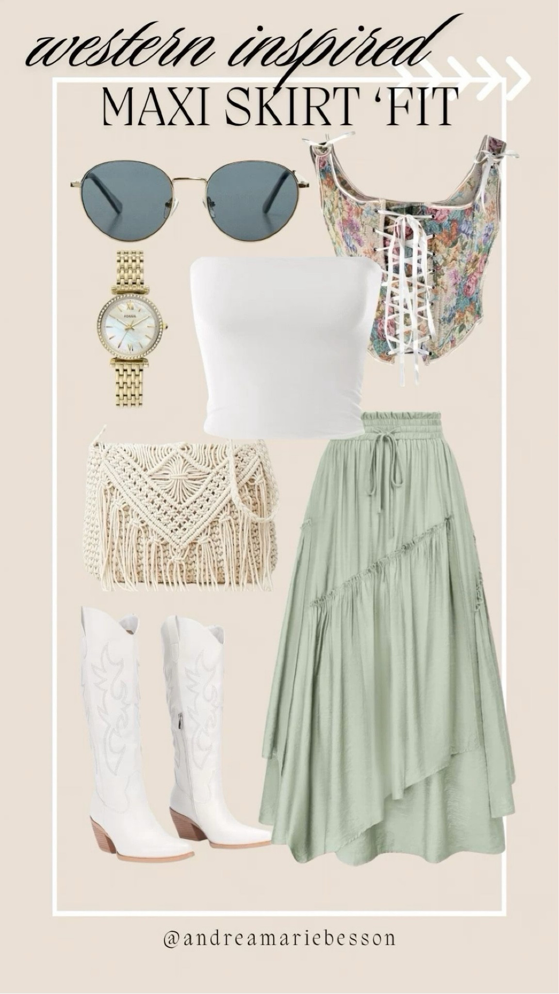 The soft western-inspired outfit formula I’m obsessed with lately 🤍 Flowy maxi skirts, white cowboy boots, corset tops, layered neutrals, boho textures, and effortless accessories for the perfect feminine western look. This outfit gives coastal cowgirl meets modern boho with earthy tones and romantic styling that’s perfect for concerts, brunch, summer vacations, and everyday elevated casual wear. #westernstyle #maxiskirtoutfit #cowgirlstyle #bohostyle #westernfashion #summeroutfit #cowgirlboots #neutralstyle #amazonfashion #coastalcowgirl