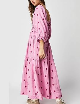 Women Floral Embroidered Maxi Dress Long Puff Sleeve Square Neck Bohemian Flowy Dress with Pocket... | Amazon (US)