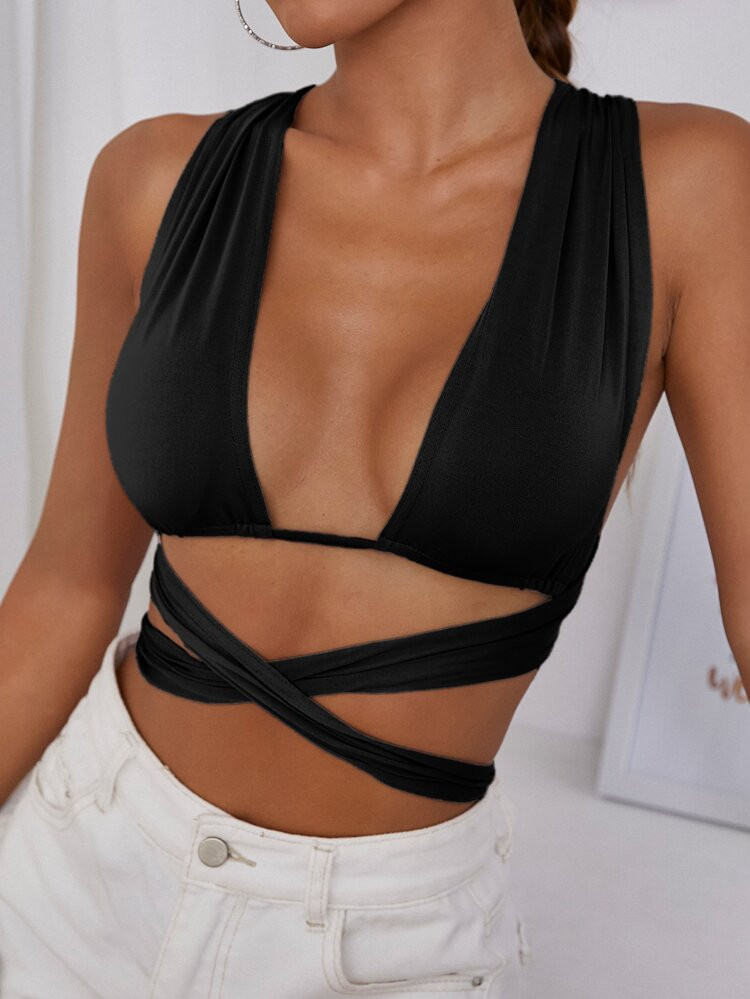 Solid Crisscross Tie Back Crop Top | SHEIN