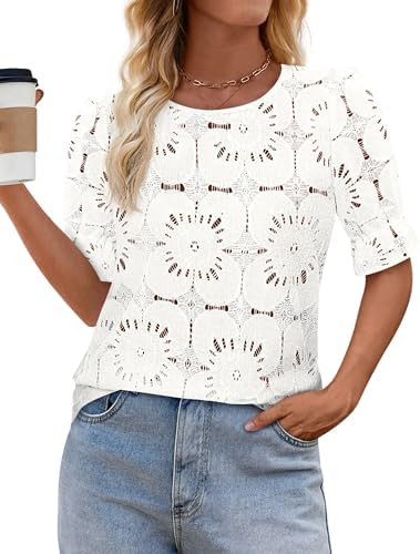 KIRUNDO Eyelet Summer Tops for Women Lace Crochet Boho Puff Short Sleeve Blouses Dressy Casual Ho... | Amazon (US)