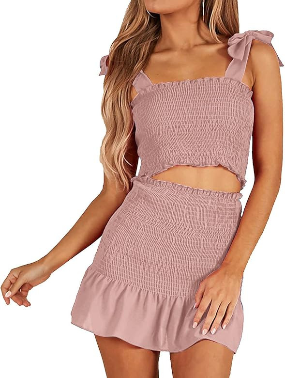 Women's Bohemian Bow Tie Tube Crop Top with High Waist Bodycon Skirt Two Piece Outfit Dress Suit ... | Amazon (US)