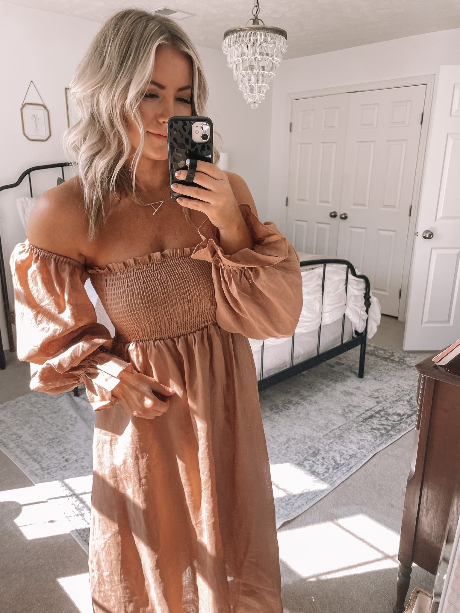 Peach smocked linen off the shoulder midi dress, gold monogram necklace, resort wear

#LTKFind #LTKSeasonal #LTKstyletip