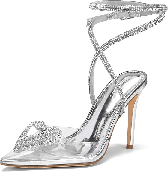 Women's Crystal Heart Heels, Clear Slingback Sandals Pointed Toe Ankle Straps Stilettos for Party... | Amazon (US)