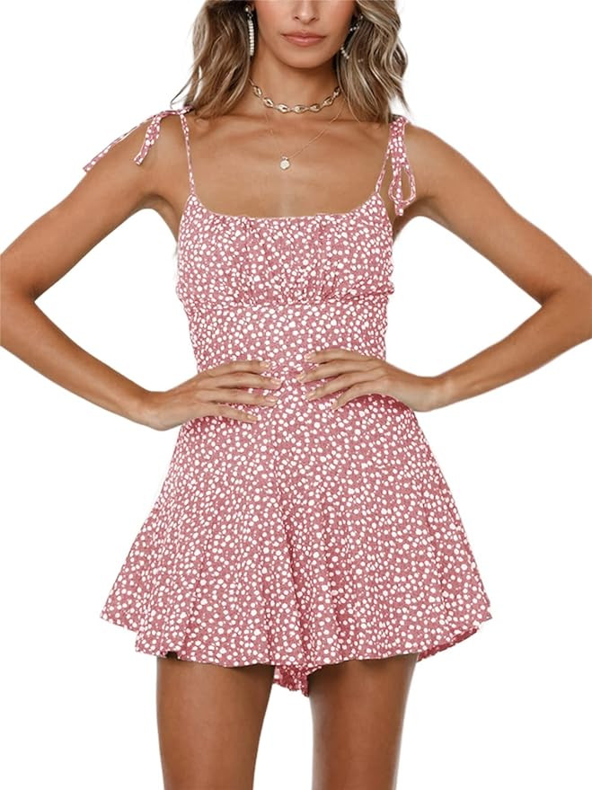 Jeanewpole1 Women's Boho Floral Wide Leg Short Romper Spaghetti Strap Smocked Jumpsuit | Amazon (US)